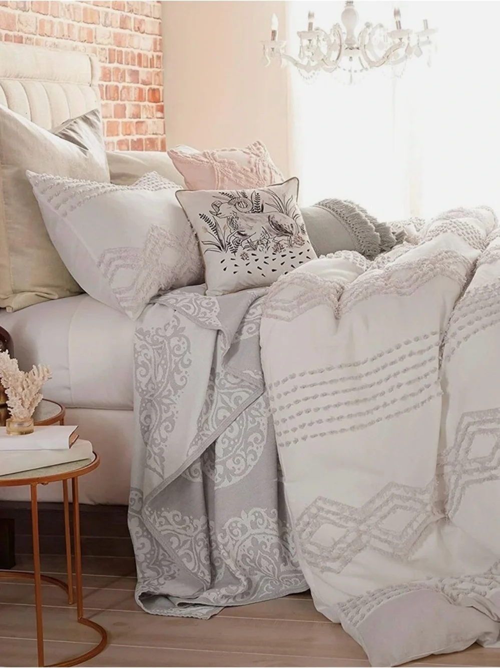 White duvet cover with purple embellishments